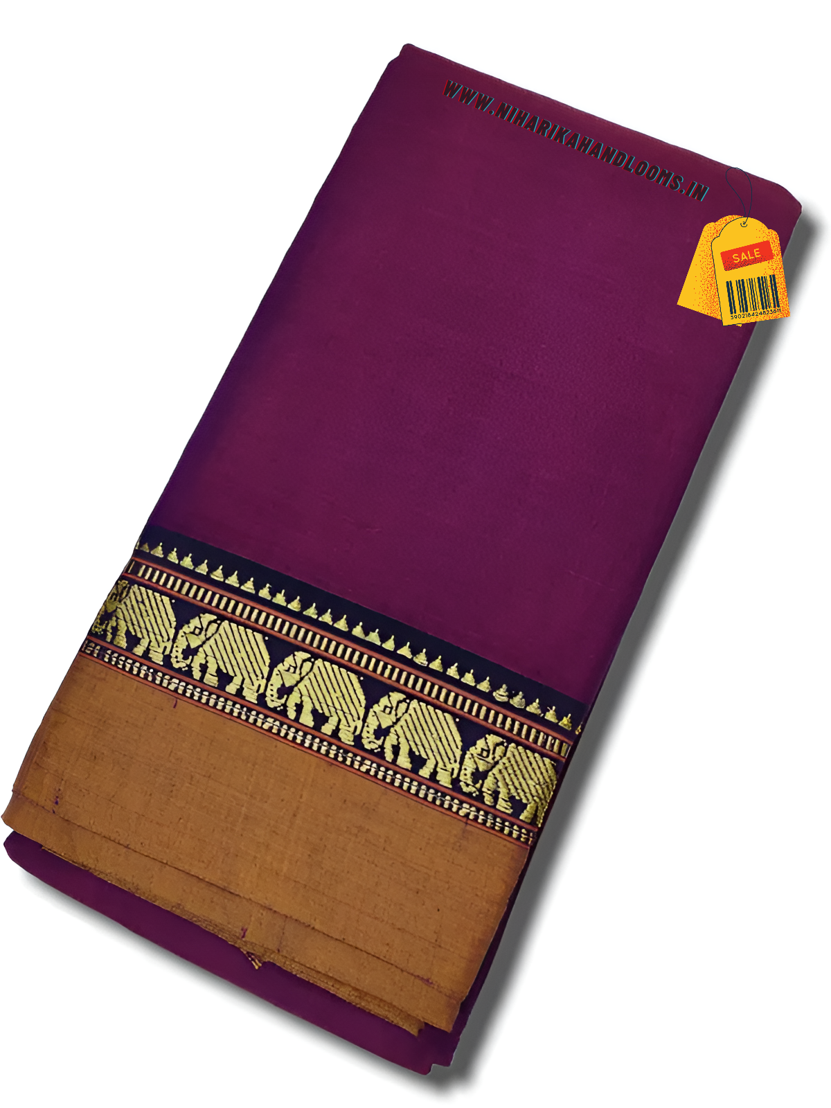 Voilet colour with double shaded elephant border narayanpet handloom with running blouse Piece - Image 2