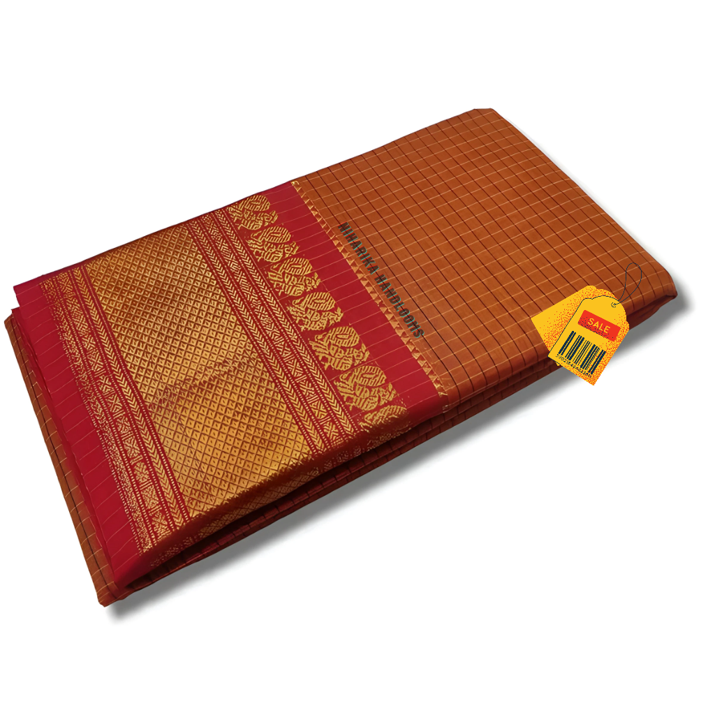 Orange checks narayanpet cotton saree woven gold jari in border with running blouse piece Elegant maroon and gold ethnic wear