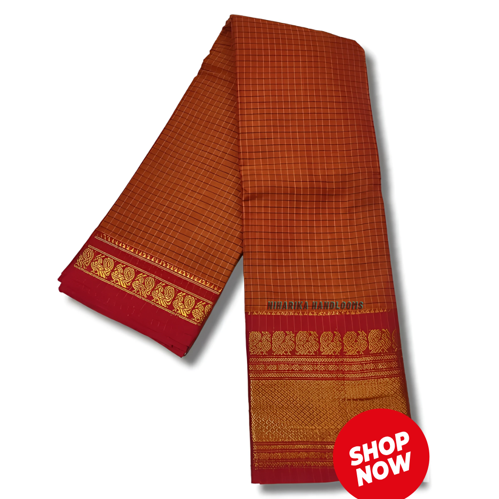 Orange checks narayanpet cotton saree woven gold jari in border with running blouse piece Elegant maroon and gold ethnic wear - Image 2