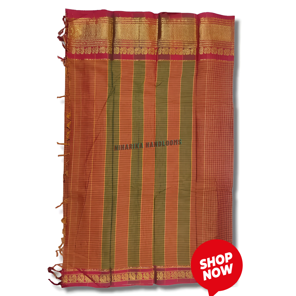 Orange checks narayanpet cotton saree woven gold jari in border with running blouse piece Elegant maroon and gold ethnic wear - Image 3