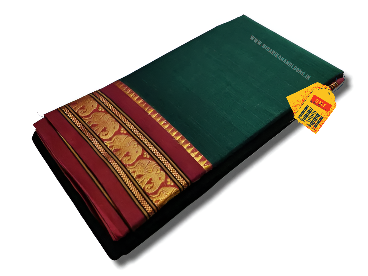 Dark green single elephant border narayanpet pure cotton saree with running blouse piece Elegant dark green saree with golden woven borders - Image 2