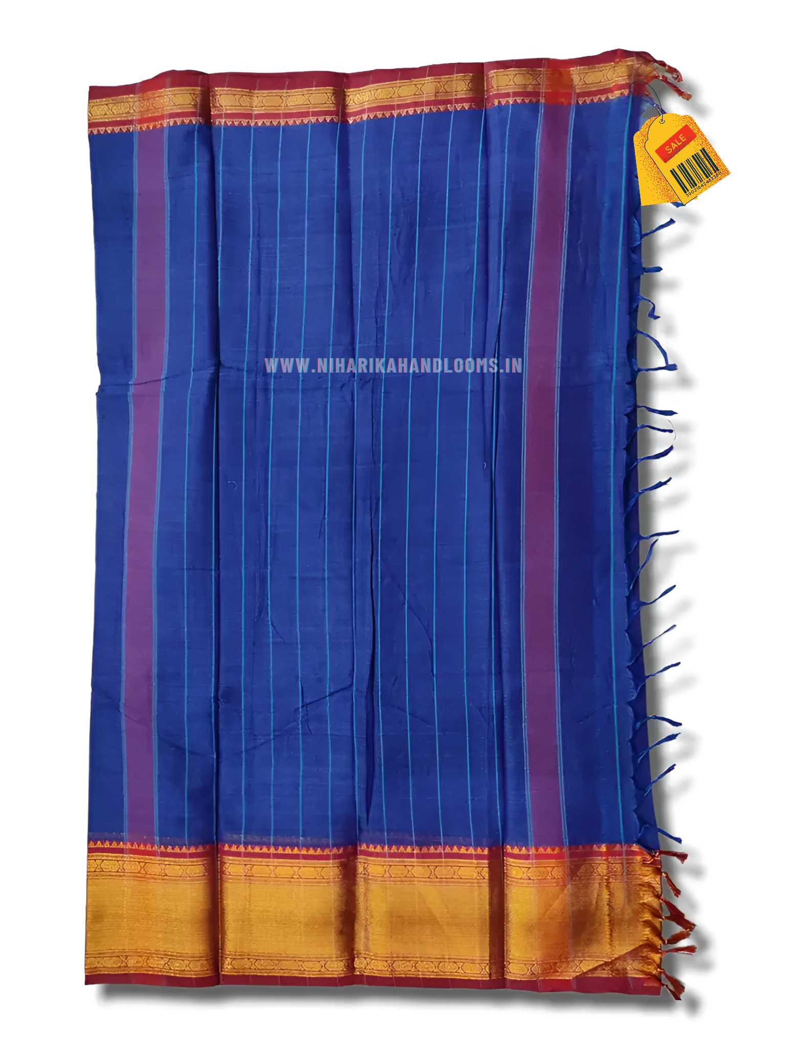 Blue handloom cotton saree golden zari border with running blouse piece Traditional Indian saree with golden border - Image 3