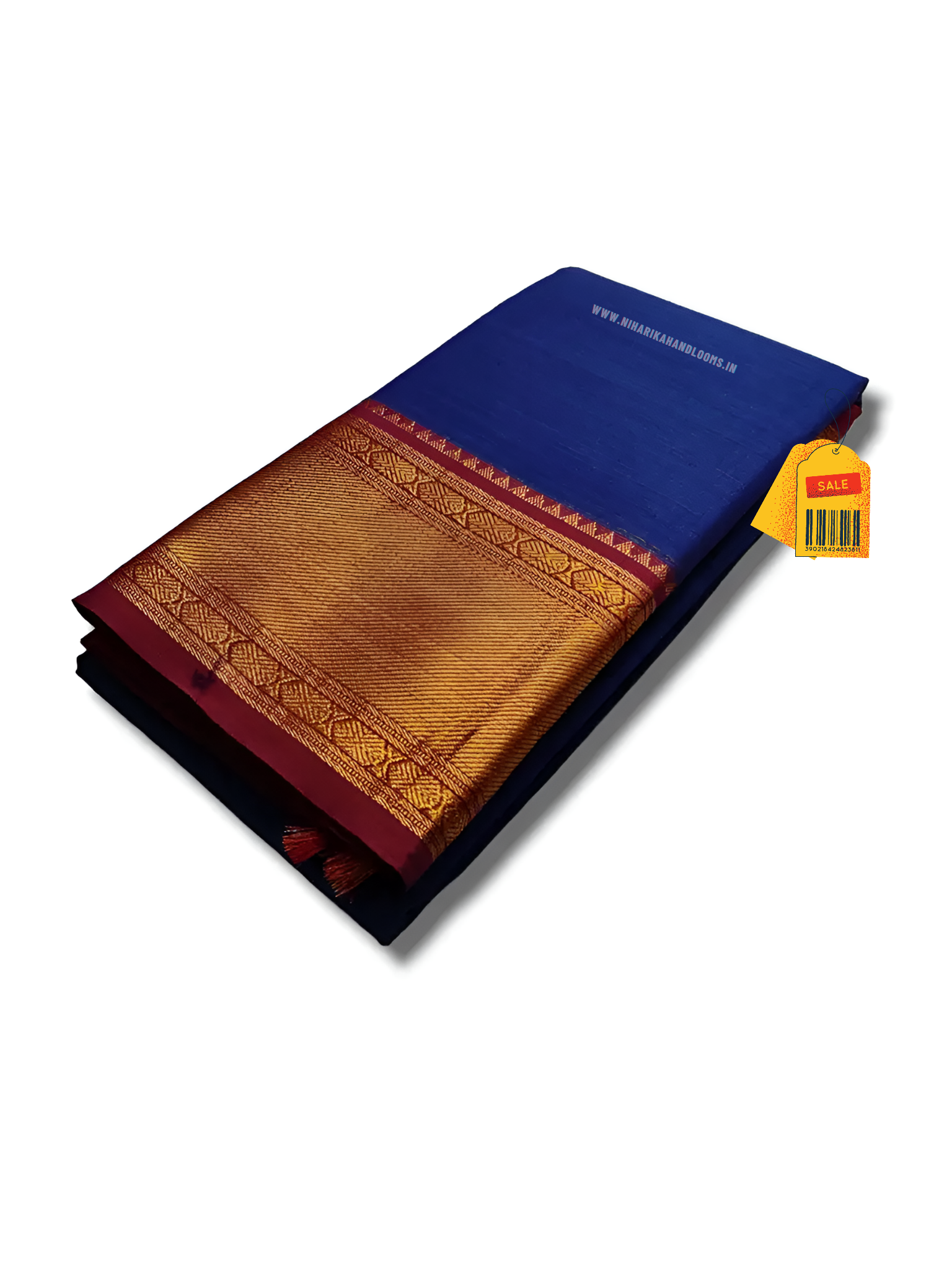 Blue handloom cotton saree golden zari border with running blouse piece Traditional Indian saree with golden border - Image 2