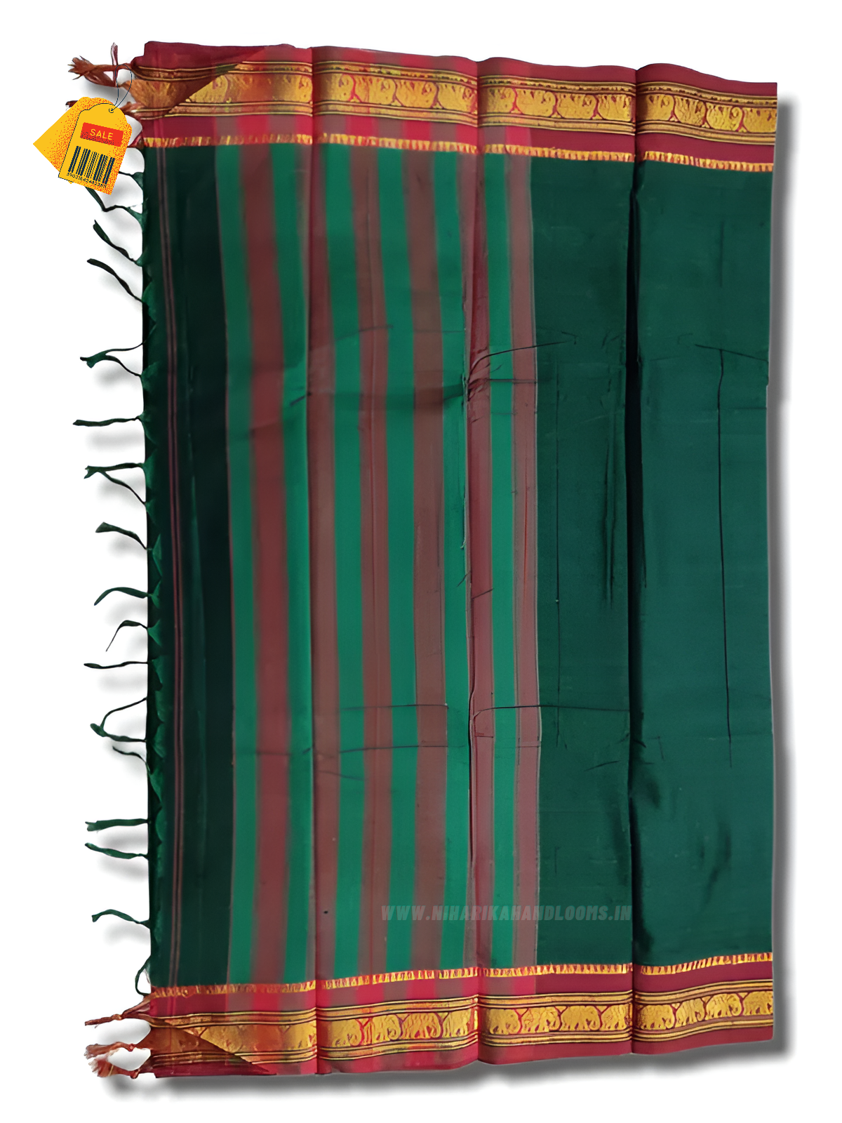 Dark green single elephant border narayanpet pure cotton saree with running blouse piece Elegant dark green saree with golden woven borders - Image 3