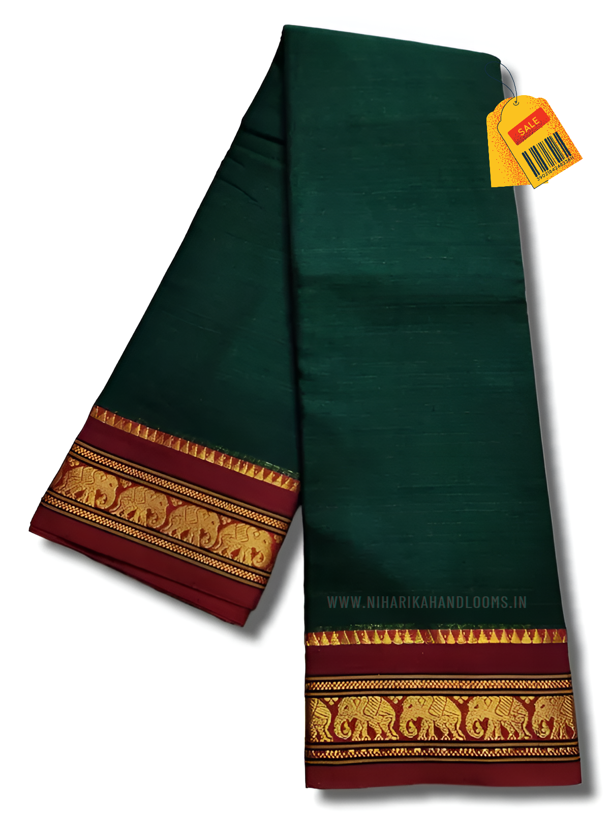 Dark green single elephant border narayanpet pure cotton saree with running blouse piece Elegant dark green saree with golden woven borders