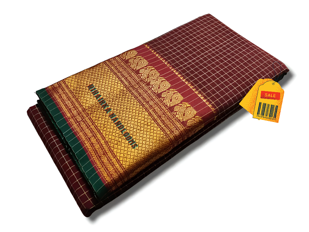 Maroon checks narayanpet cotton saree with woven gold jari in border with running blouse piece Elegant maroon and gold handloom saree for special occasions