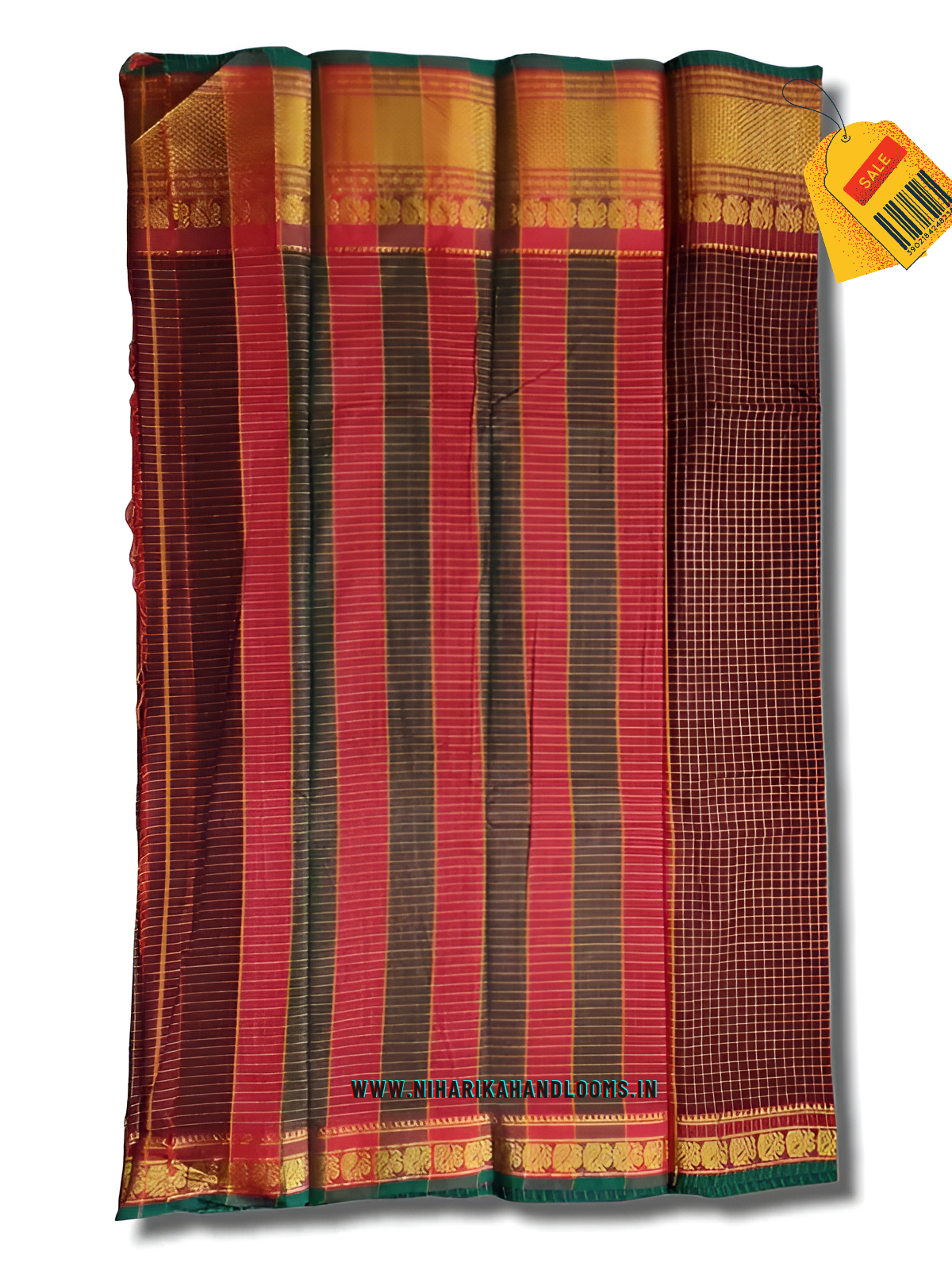Maroon checks narayanpet cotton saree with woven gold jari in border with running blouse piece Elegant maroon and gold handloom saree for special occasions - Image 3