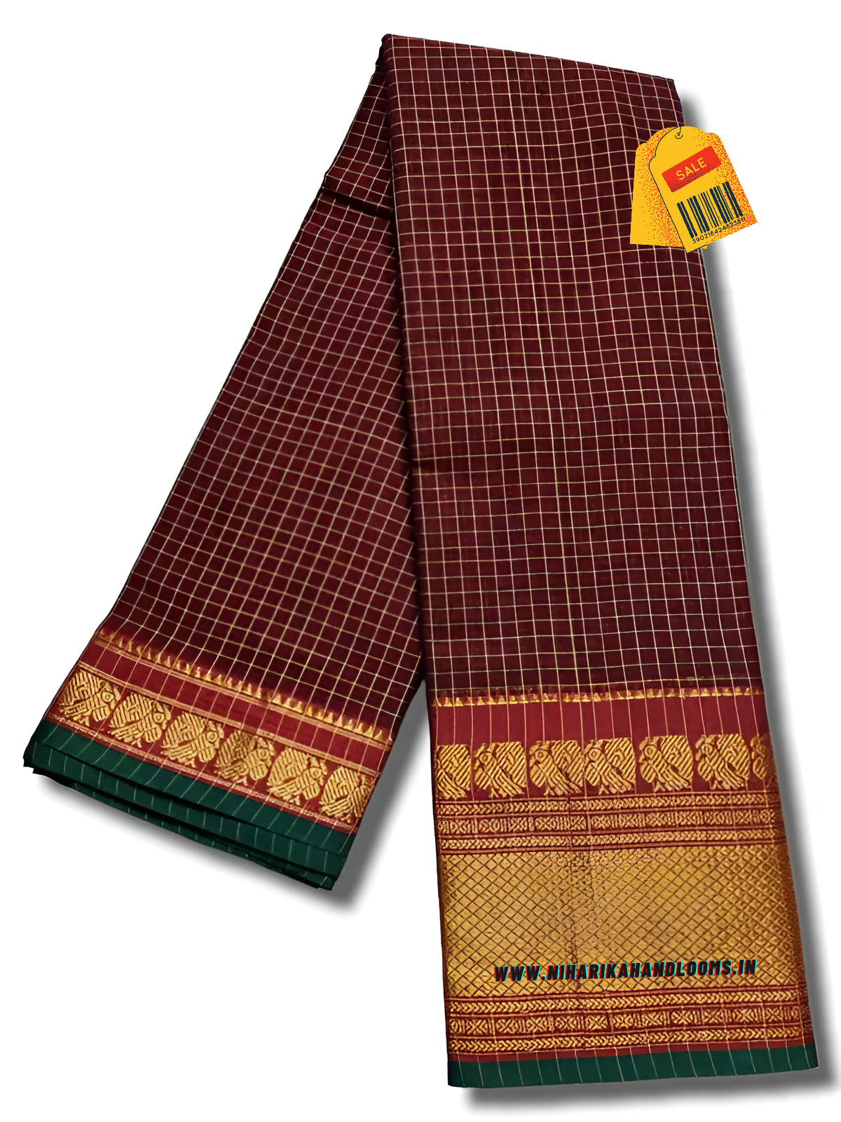 Maroon checks narayanpet cotton saree with woven gold jari in border with running blouse piece Elegant maroon and gold handloom saree for special occasions - Image 2